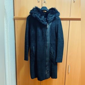 Women’s Fitted Russian Shearling Black Suede Hooded Zipper Coat M